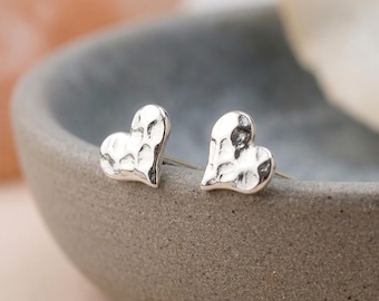 Personalised Hammered Heart Stud Earrings with Sterling Silver Plating