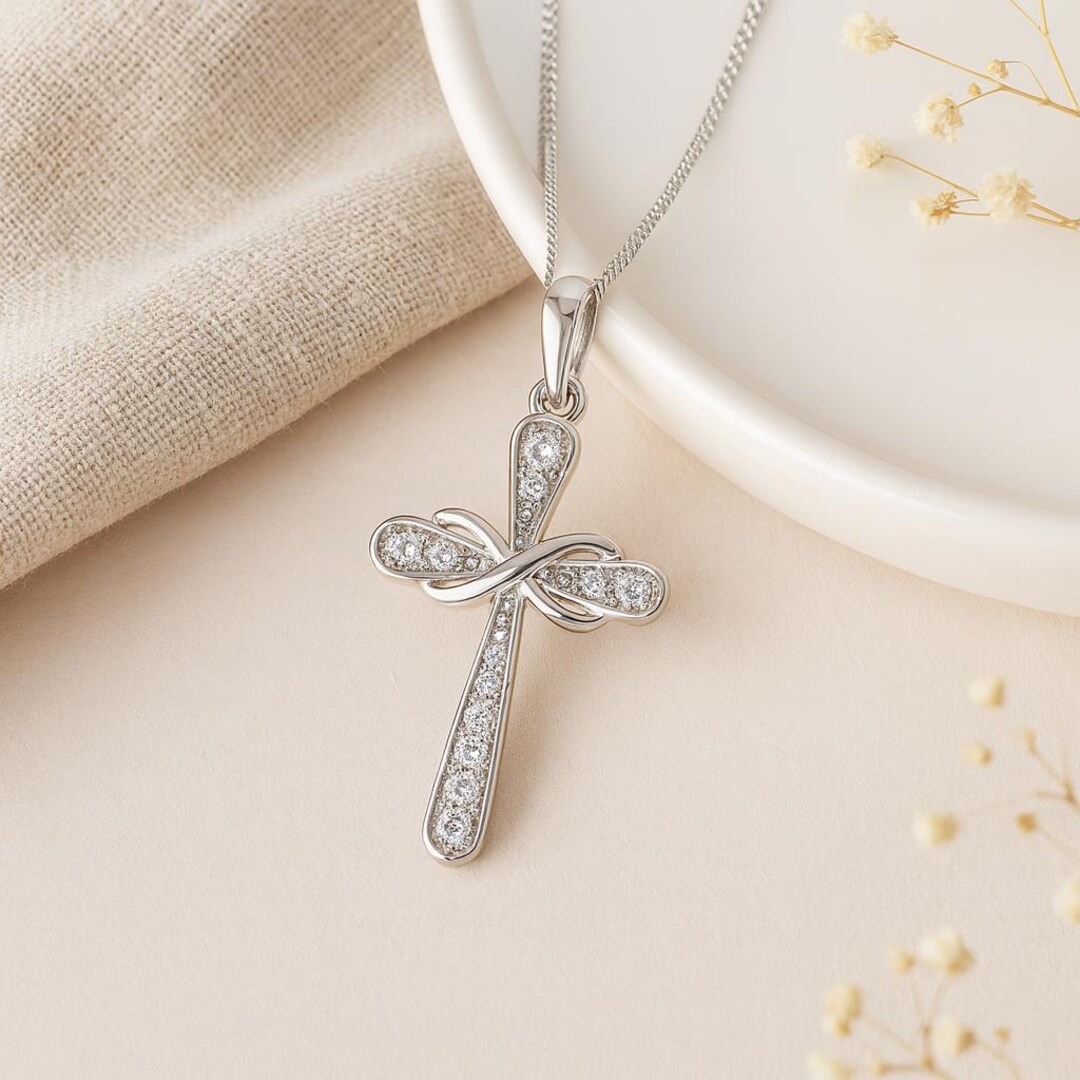 Sterling Silver Infinity Cross Pendant: Cubic Zirconia Religious