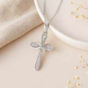 Infinity Cross Pendant • Sterling Silver with Cubic Zirconia • Religious Symbol Necklace • Personalised • Gift for Her
