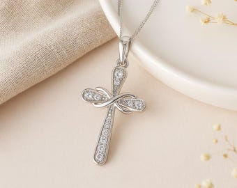 Infinity Cross Pendant • Sterling Silver with Cubic Zirconia • Religious Symbol Necklace • Personalised • Gift for Her