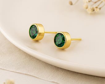 Emerald Stud Earrings • 18ct Gold-Plated Sterling Silver • May Birthstone Gift • Green CZ Studs • Classic Jewellery for Her •