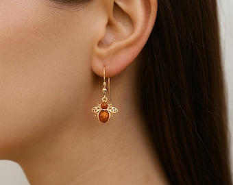 Gold Plated Sterling Silver Baltic Amber Bee Earrings