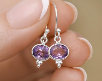 Sterling Silver Oval Amethyst Drop Earrings