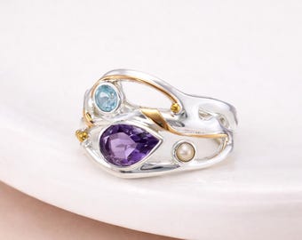 Molten Sterling Silver Blue Topaz and Amethyst Ring
