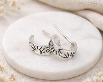 Small Sterling Silver Sunbeam Hoop Earrings: Oxidized Celestial Jewelry