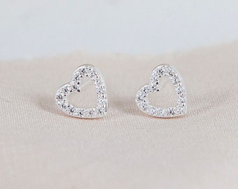 Sterling Silver Cz Open Heart Stud Earrings