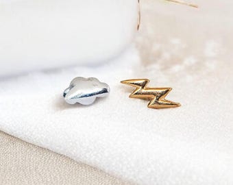 Mismatched Sterling Silver And Gold Lightning And Cloud Stud Earrings – 10mm X 6mm