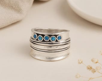 Molten Opal Band Ring • Wide Organic Sterling Silver Ring with 5 Blue Opals • Sculptural Statement Ring • Handmade Gift for Her •