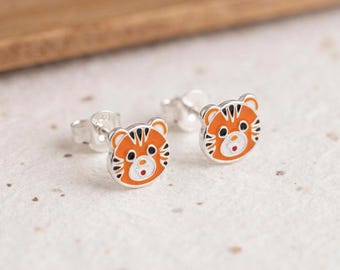 Tiger Face Stud Earrings in Sterling Silver