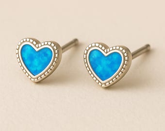 Sterling Silver Blue Opal Heart Stud Earrings