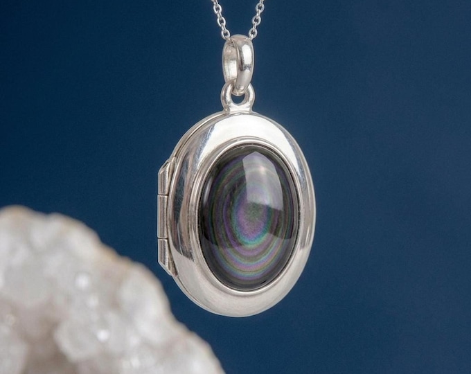 Featured listing image: Personalised Rainbow Obsidian Photo Locket Necklace in Sterling Silver