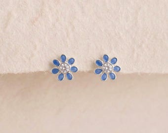 Personalised Blue Enamel Flower Stud Earrings In Sterling Silver With Cubic Zirconia