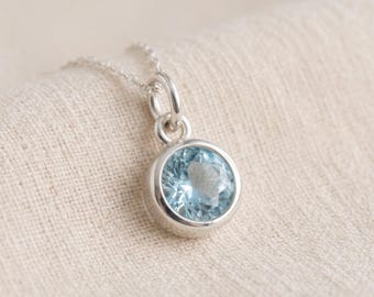 Tiny Personalised March Aquamarine Birthstone Pendant Necklace In Sterling Silver