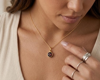 Tiny Personalised January Garnet Birthstone Pendant Necklace In Gold Plated Sterling Silver