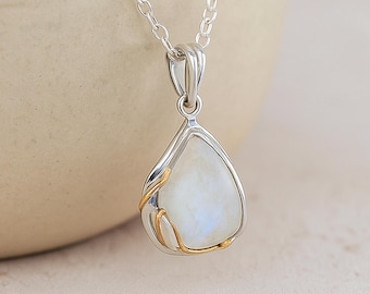 Personalised Molten Sterling Silver Teardrop Rainbow Moonstone Necklace