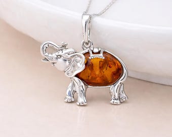 Personalised Sterling Silver Amber Elephant Necklace, Genuine Baltic Amber Pendant, 20x28mm