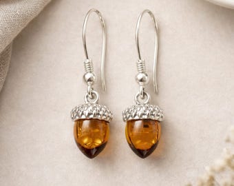 Small Sterling Silver Baltic Amber Acorn Drop Earrings – 7mm