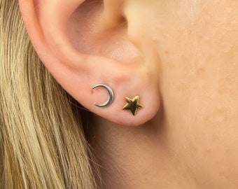 Sterling Silver Moon And Star Stud Earrings