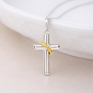 Personalised Sterling Silver and Gold Halo Cross Pendant Necklace