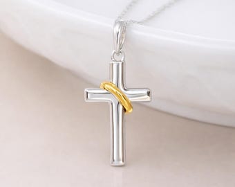 Personalised Sterling Silver and Gold Halo Cross Pendant Necklace