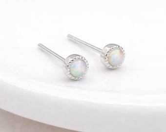 Hammered Sterling Silver Opal Micro Stud Earrings – 4mm