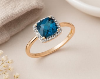 9ct Yellow Gold Blue Topaz & Diamond Engagement Ring