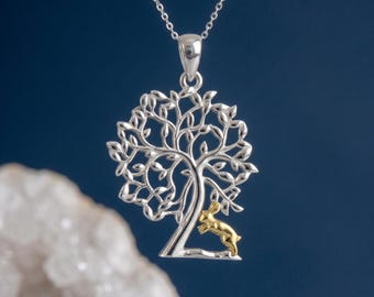 Personalised Tree Of Life Pendant Necklace In Sterling Silver With Gold Hare