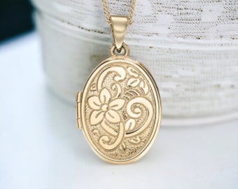 Floral Locket in 9ct Gold, Two Photo Locket, Gold Locket, Keepsake Memorial Jewellery Necklace, 9ct Yellow Gold