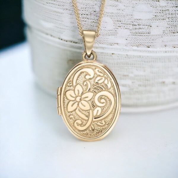 Floral Locket in 9ct Gold, Two Photo Locket, Gold Locket, Keepsake Memorial Jewellery Necklace, 9ct Yellow Gold