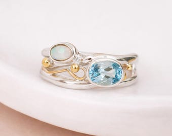 Molten Sterling Silver Blue Topaz and Opal Ring