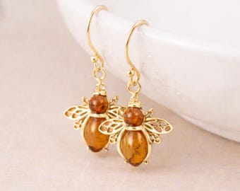 Gold Plated Sterling Silver Baltic Amber Bee Drop Earrings – 15mm