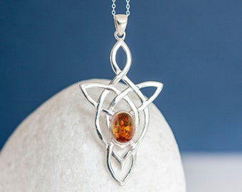 Sterling Silver Baltic Amber Celtic Heart Knot