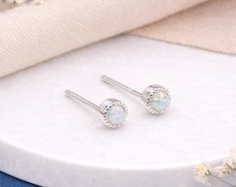 Hammered Sterling Silver Opal Micro Stud Earrings – 4mm