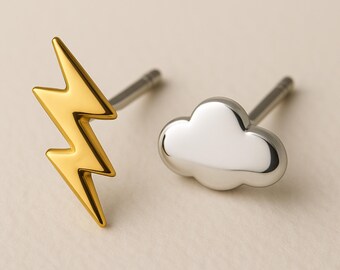 Tiny Sterling Silver Mismatched Lightning And Cloud Stud Earrings