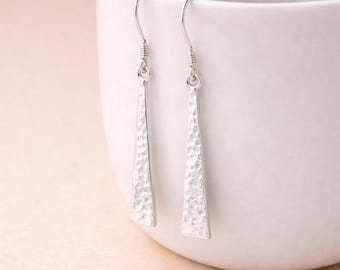 Sterling Silver Hammered Bar Drop Earrings – 35mm x 5mm