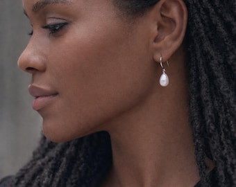 Sterling Silver White Freshwater Pearl Drop Earrings, 8mm