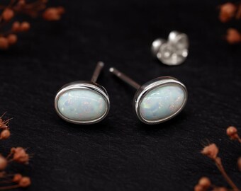 Oval Sterling Silver White Opal Stud Earrings