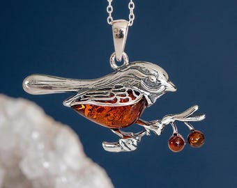 Personalised Baltic Amber Robin Pendant Necklace in Sterling Silver