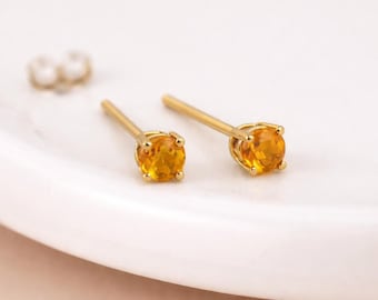 Solid 9ct Gold November Citrine Birthstone Stud Earrings – 4mm