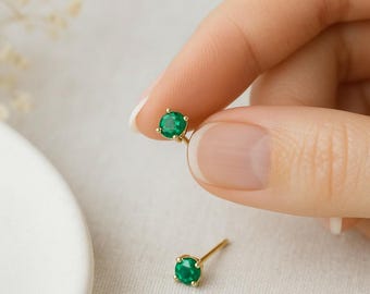 9ct Gold Emerald Stud Earrings: May Birthstone, 4mm