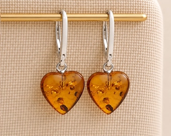 Sterling Silver Baltic Amber Heart Drop Earrings – 13mm