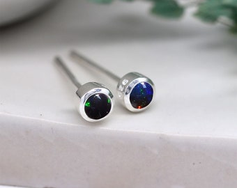 Mini Sterling Silver Black Opal Stud Earrings