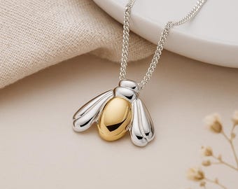 Bee Pendant Necklace • Recycled Sterling Silver with 18ct Gold • Personalised Disc Option • Nature Gift • Minimalist Everyday Jewellery •