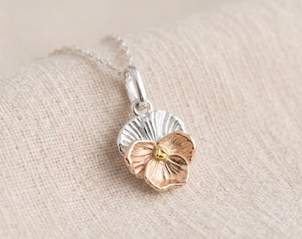 Personalised February Birth Flower Pendant Necklace in Sterling Silver and Mixed Gold