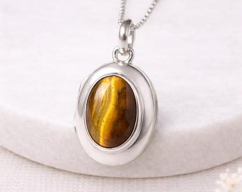 Personalised Sterling Silver Gold Tigers Eye Gemstone Locket Necklace With Photos