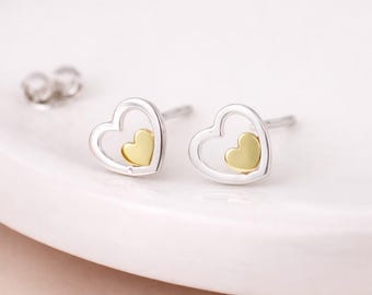 Sterling Silver And Gold Double Heart Stud Earrings – 9mm