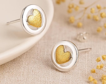 Sterling Silver Halo Stud Earrings With Golden Hearts