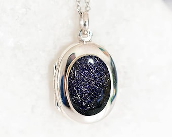Personalised Sterling Silver Twinkling Blue Goldstone Locket