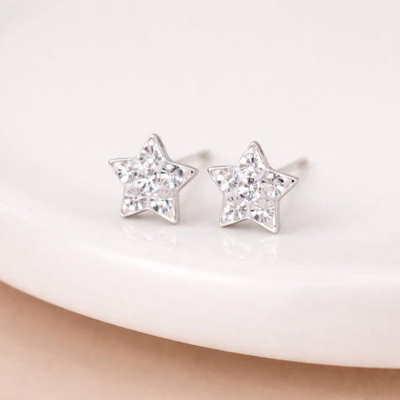 Dainty Starburst Drop Earrings in Sterling Silver, Dangling Star Earrings with C