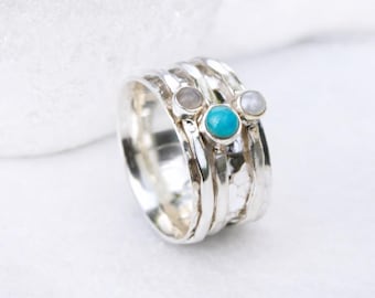 Personalised Sterling Silver Turquoise, Moonstone and Pearl Spinner Ring